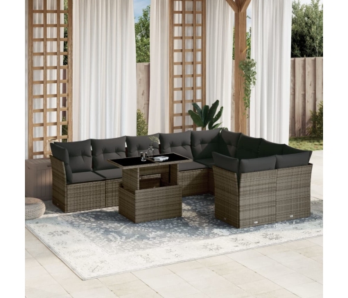 Set de sofás de jardín 10 pzas con cojines ratán sintético gris