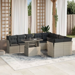 Set sofás jardín 10 pzas con cojines ratán sintético gris claro