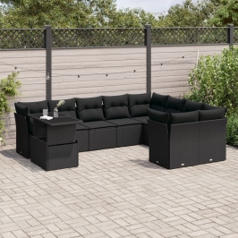 Set de sofás de jardín 10 pzas cojines ratán sintético negro