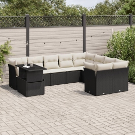 Set de sofás de jardín 10 pzas cojines ratán sintético negro