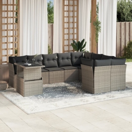 Set sofás jardín 10 pzas con cojines ratán sintético gris claro
