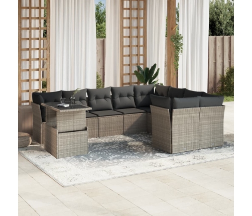 Set sofás jardín 10 pzas con cojines ratán sintético gris claro