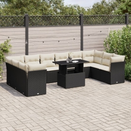 Set de sofás de jardín 11 pzas y cojines ratán sintético negro