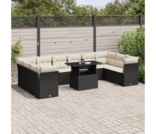 Set de sofás de jardín 11 pzas y cojines ratán sintético negro
