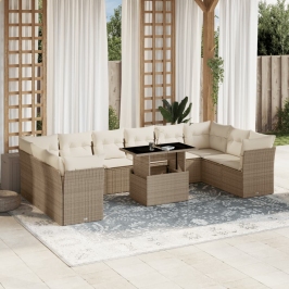 Set de sofás de jardín 11pzas con cojines ratán sintético beige