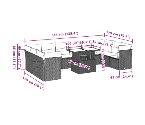 Set de sofás de jardín 11pzas con cojines ratán sintético beige