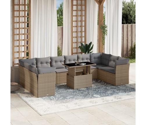 Set de sofás de jardín 11pzas con cojines ratán sintético beige