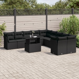 Set de sofás de jardín 11 pzas y cojines ratán sintético negro