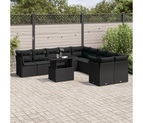 Set de sofás de jardín 11 pzas y cojines ratán sintético negro