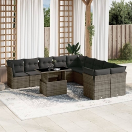 Set de sofás de jardín 11 pzas y cojines ratán sintético gris