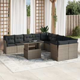 Set de sofás de jardín 11 pzas y cojines ratán sintético gris