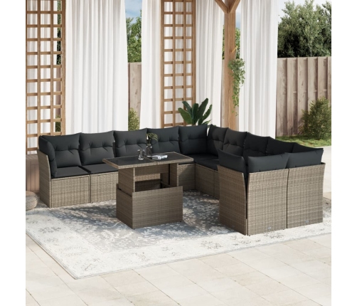 Set de sofás de jardín 11 pzas y cojines ratán sintético gris
