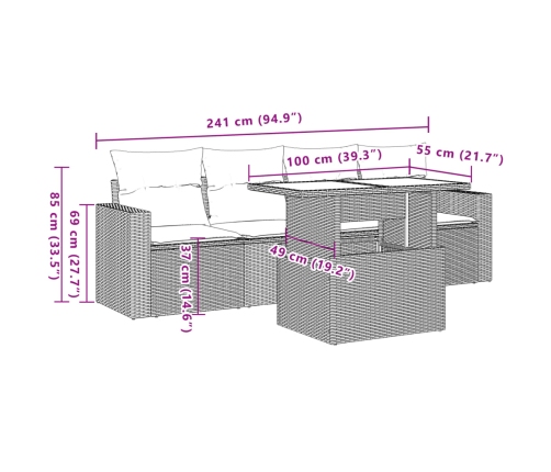 Set de muebles de jardín 5 pzas y cojines ratán sintético negro