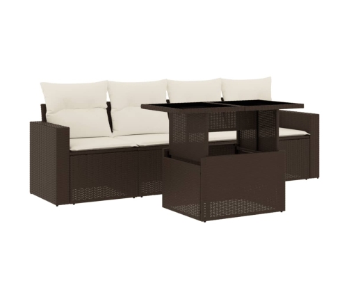 Set comedor de jardín 5 piezas y cojines ratán sintético marrón