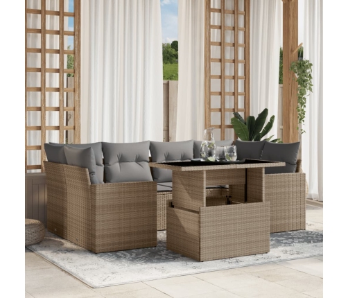 Set sofás de jardín 7 piezas y cojines ratán sintético beige