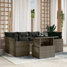 Set de sofás de jardín 7 pzas con cojines ratán sintético gris