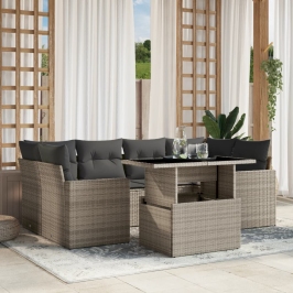 Set de sofás de jardín 7 pzas con cojines ratán PE gris claro