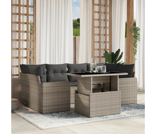 Set de sofás de jardín 7 pzas con cojines ratán PE gris claro