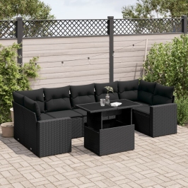 Set de sofás de jardín 8 piezas y cojines ratán sintético negro