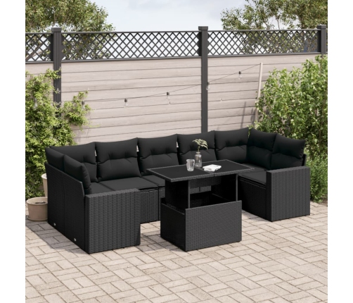 Set de sofás de jardín 8 piezas y cojines ratán sintético negro
