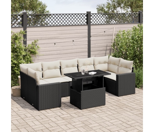 Set de sofás de jardín 8 piezas y cojines ratán sintético negro