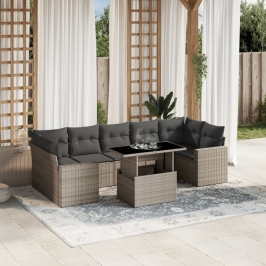 Set de sofás de jardín 8 pzas y cojines ratán sintético gris