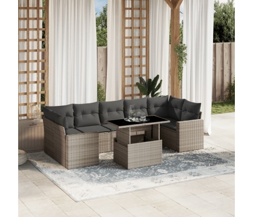 Set de sofás de jardín 8 pzas y cojines ratán sintético gris