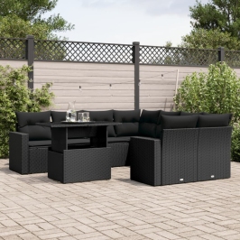 Set de sofás de jardín 8 piezas y cojines ratán sintético negro