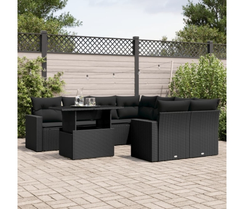 Set de sofás de jardín 8 piezas y cojines ratán sintético negro
