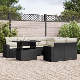 Set de sofás de jardín 8 piezas y cojines ratán sintético negro