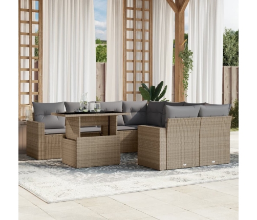 Set de sofás de jardín 9 pzas con cojines ratán sintético beige