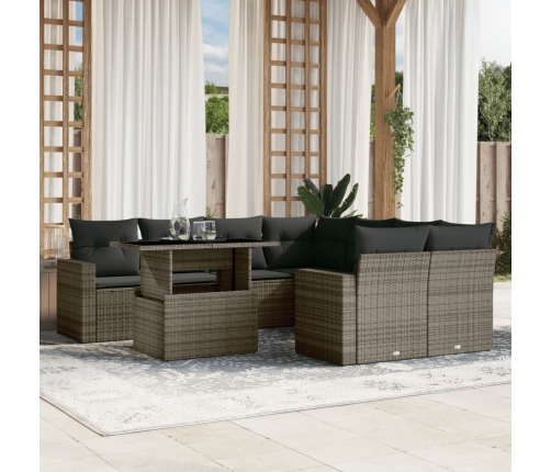 Set de muebles de jardín 9 pzas y cojines ratán sintético gris