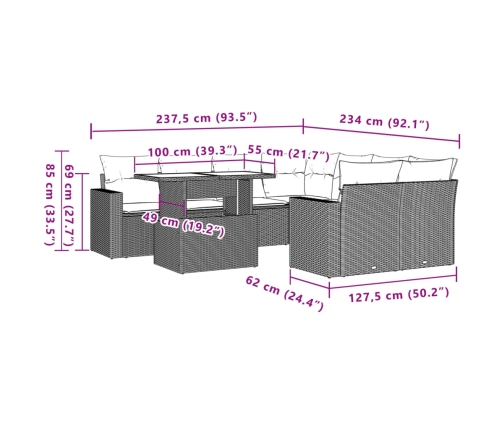Set muebles jardín 9 pzas y cojines ratán sintético gris claro