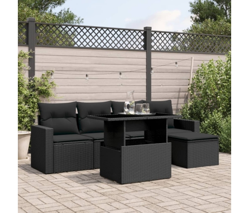Set de sofás de jardín 6 piezas y cojines ratán sintético negro