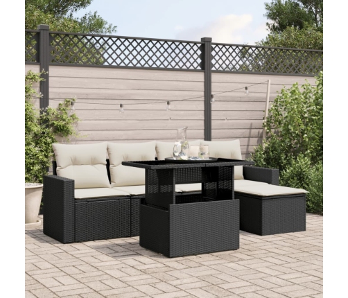 Set de sofás de jardín 6 piezas y cojines ratán sintético negro