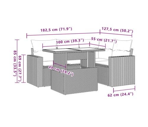 Set comedor de jardín 5 piezas y cojines ratán sintético marrón