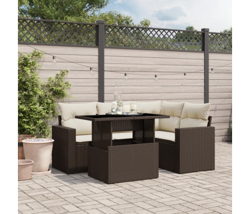 Set comedor de jardín 5 piezas y cojines ratán sintético marrón