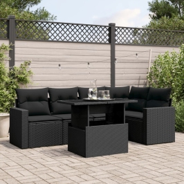 Set de sofás de jardín 6 piezas y cojines ratán sintético negro