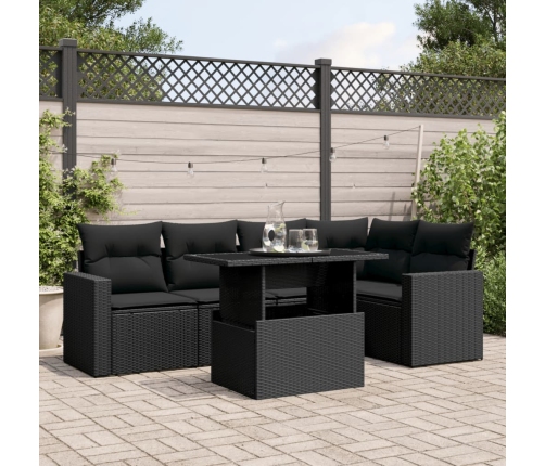 Set de sofás de jardín 6 piezas y cojines ratán sintético negro