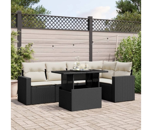 Set de sofás de jardín 6 piezas y cojines ratán sintético negro