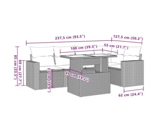 Set de muebles de jardín 6 pzas y cojines ratán sintético gris