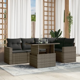 Set de muebles de jardín 6 pzas y cojines ratán sintético gris