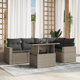 Set de sofás de jardín 6 pzas y cojines ratán sintético gris