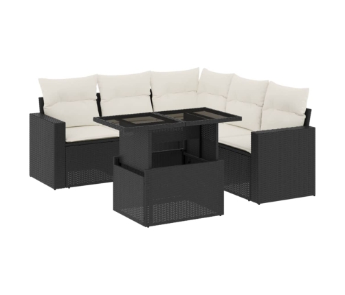 Set de sofás de jardín 6 piezas y cojines ratán sintético negro