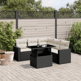 Set de sofás de jardín 6 piezas y cojines ratán sintético negro
