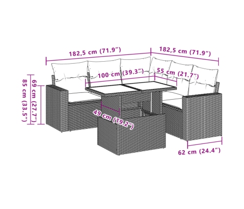 Set de muebles de jardín 6 pzas y cojines ratán sintético gris