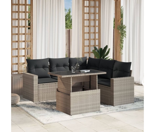 Set de sofás de jardín 6 pzas y cojines ratán sintético gris