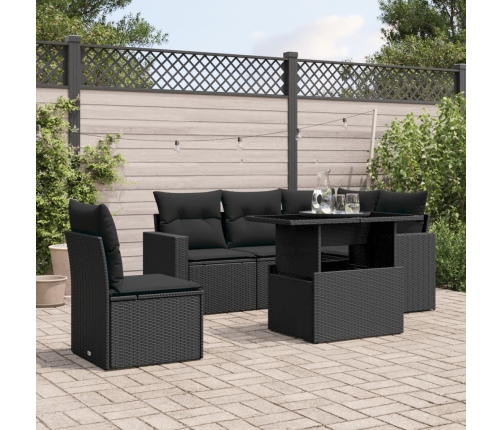 Set de sofás de jardín 6 piezas y cojines ratán sintético negro