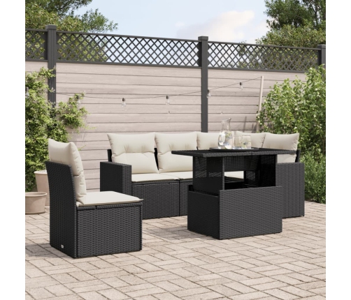 Set de sofás de jardín 6 piezas y cojines ratán sintético negro