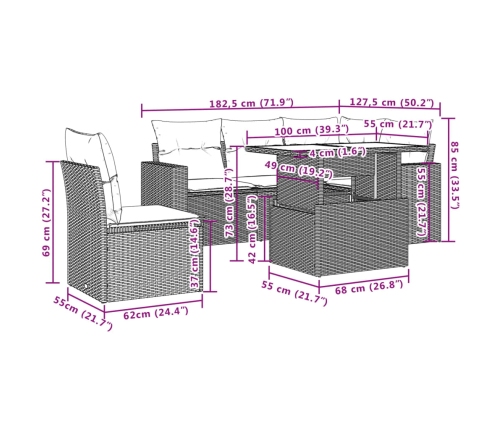 Set de muebles de jardín 6 pzas y cojines ratán sintético gris